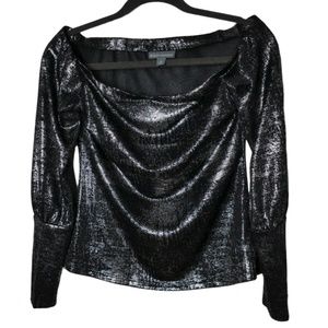 Bold Elements Off the Shoulder Long Sleeve Black Silver Metallic Top